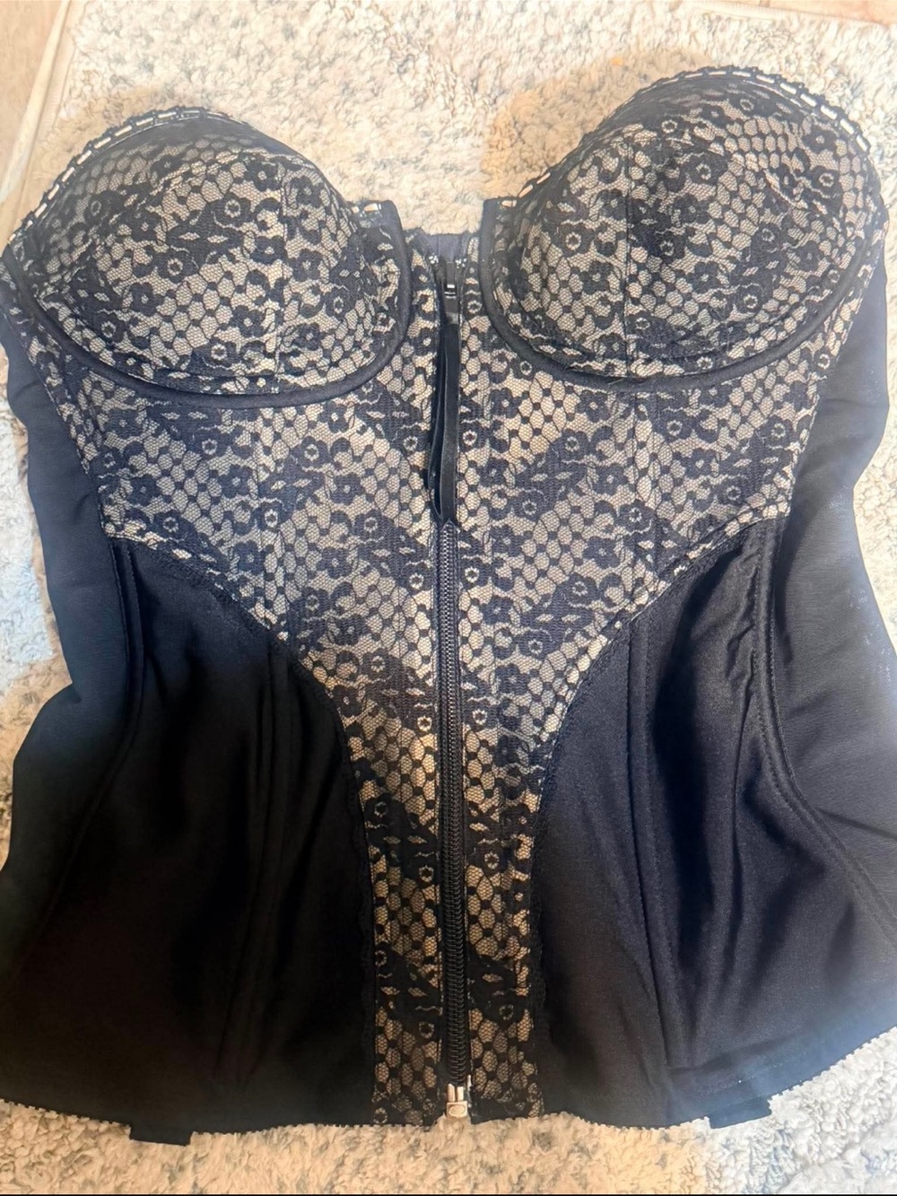 Black Lace Zip-Front Bustier Corset Top - Women